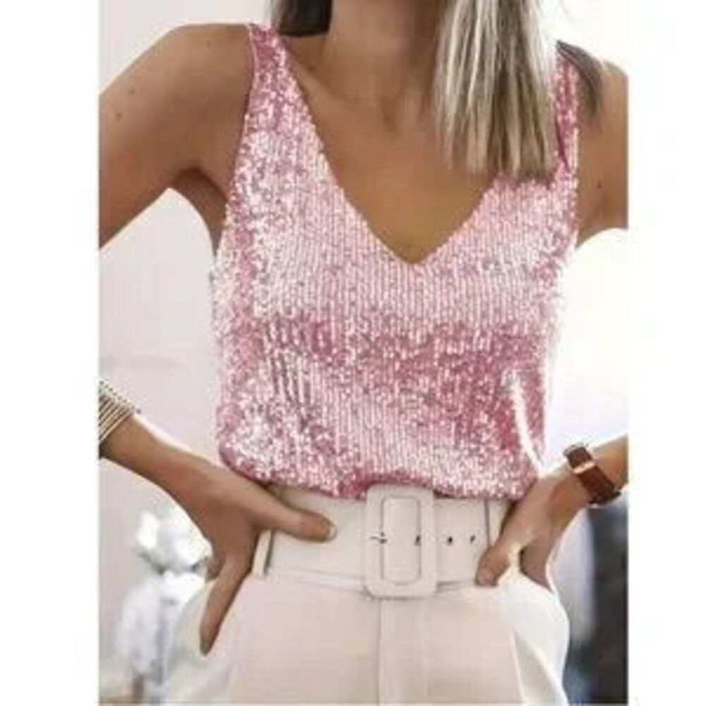 All Over Sequin Pink V-Neck Cami Top